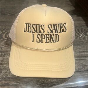 Beige 'JESUS SAVES I SPEND' Truckers Hat
